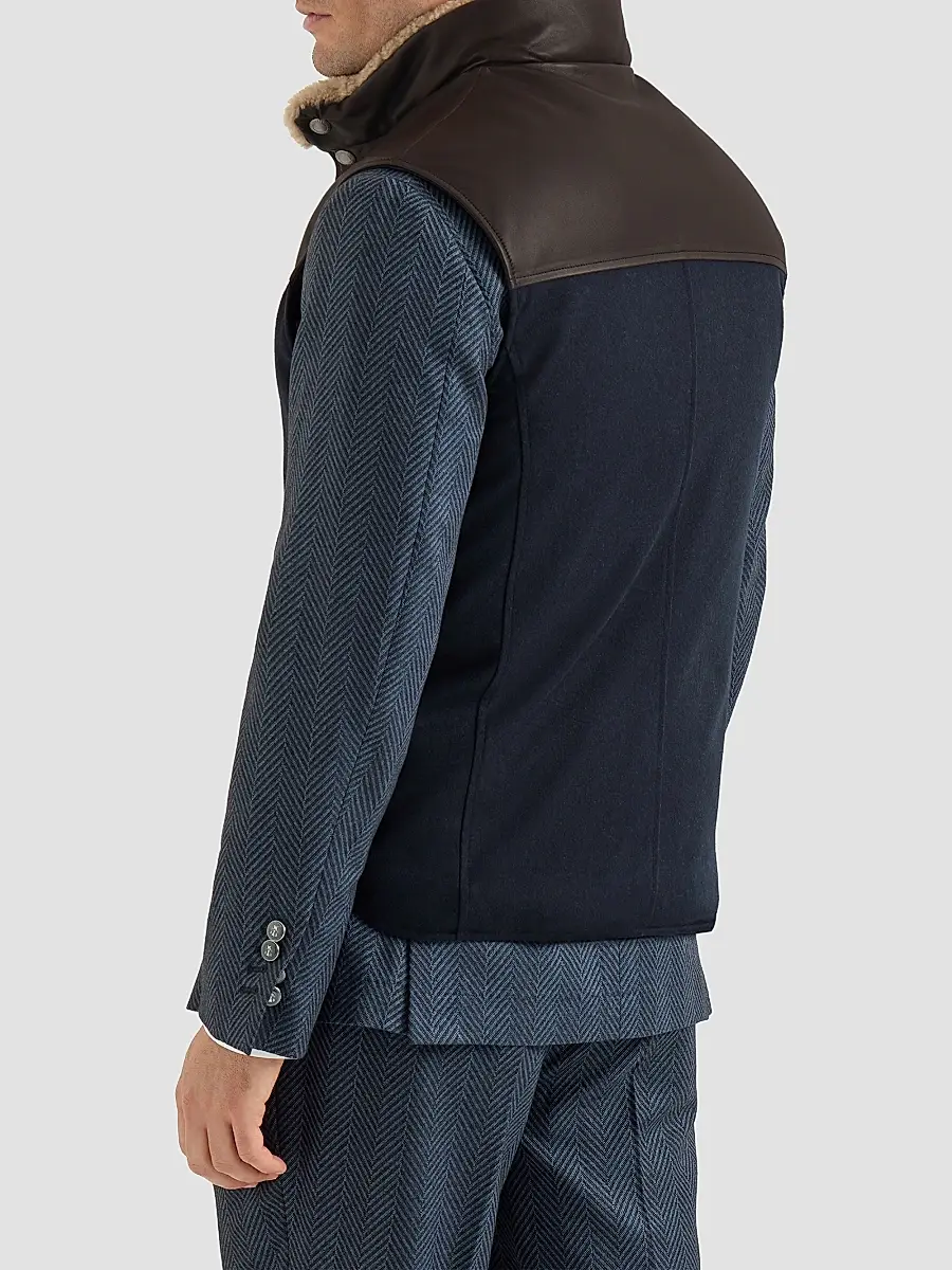 Brunello Cucinelli Men's Bonded Wool Down Vest with Shearling Collar and Nappa Leather Inserts | Thumbnail 4