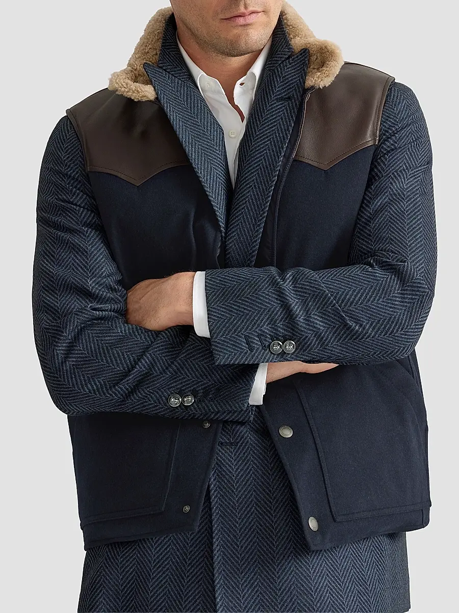Brunello Cucinelli Men's Bonded Wool Down Vest with Shearling Collar and Nappa Leather Inserts | Thumbnail 5