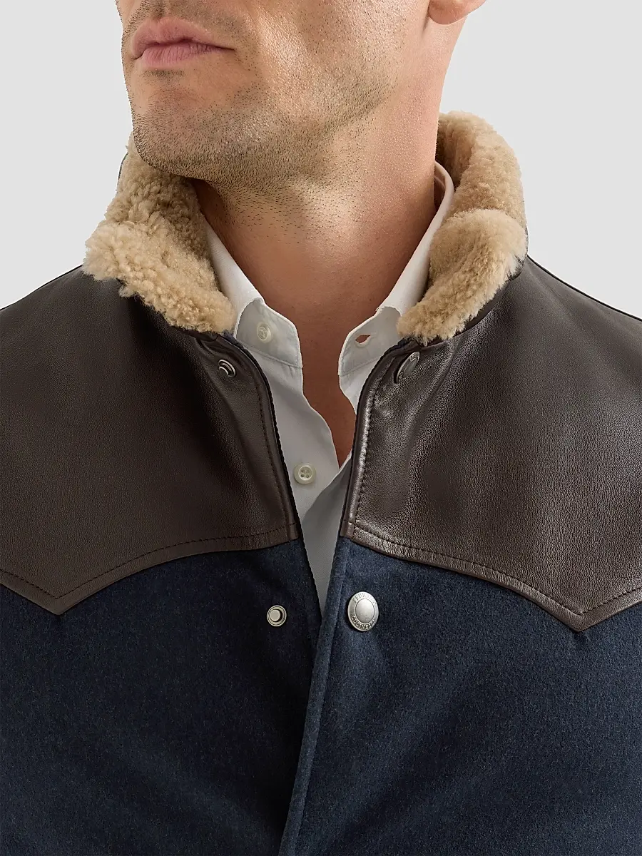 Brunello Cucinelli Men's Bonded Wool Down Vest with Shearling Collar and Nappa Leather Inserts | Thumbnail 6
