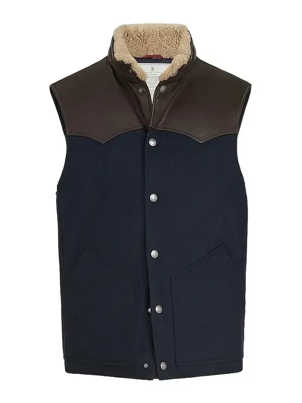 Men's Bonded Wool Down Vest with Shearling Collar and Nappa Leather Inserts