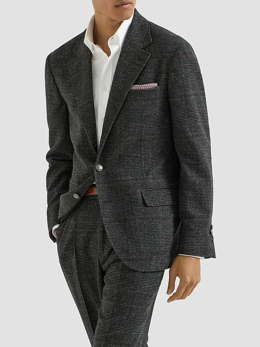 Brunello Cucinelli Men's Silk, Wool and Cashmere Prince of Wales Flannel Deconstructed Blazer | Thumbnail 2 Brunello Cucinelli Men's Silk, Wool and Cashmere Prince of Wales Flannel Deconstructed Blazer | Thumbnail 2