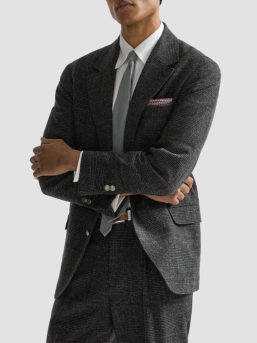 Brunello Cucinelli Men's Silk, Wool and Cashmere Prince of Wales Flannel Deconstructed Blazer | Thumbnail 3 Brunello Cucinelli Men's Silk, Wool and Cashmere Prince of Wales Flannel Deconstructed Blazer | Thumbnail 3