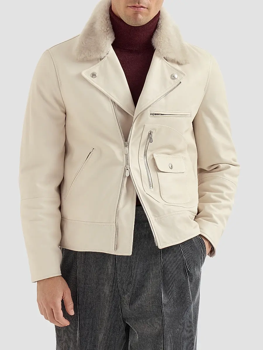 Brunello Cucinelli Men's Nappa Leather Biker Jacket with Thermore Padding and Detachable Shearling Collar | Thumbnail 2 Brunello Cucinelli Men's Nappa Leather Biker Jacket with Thermore Padding and Detachable Shearling Collar | Thumbnail 2