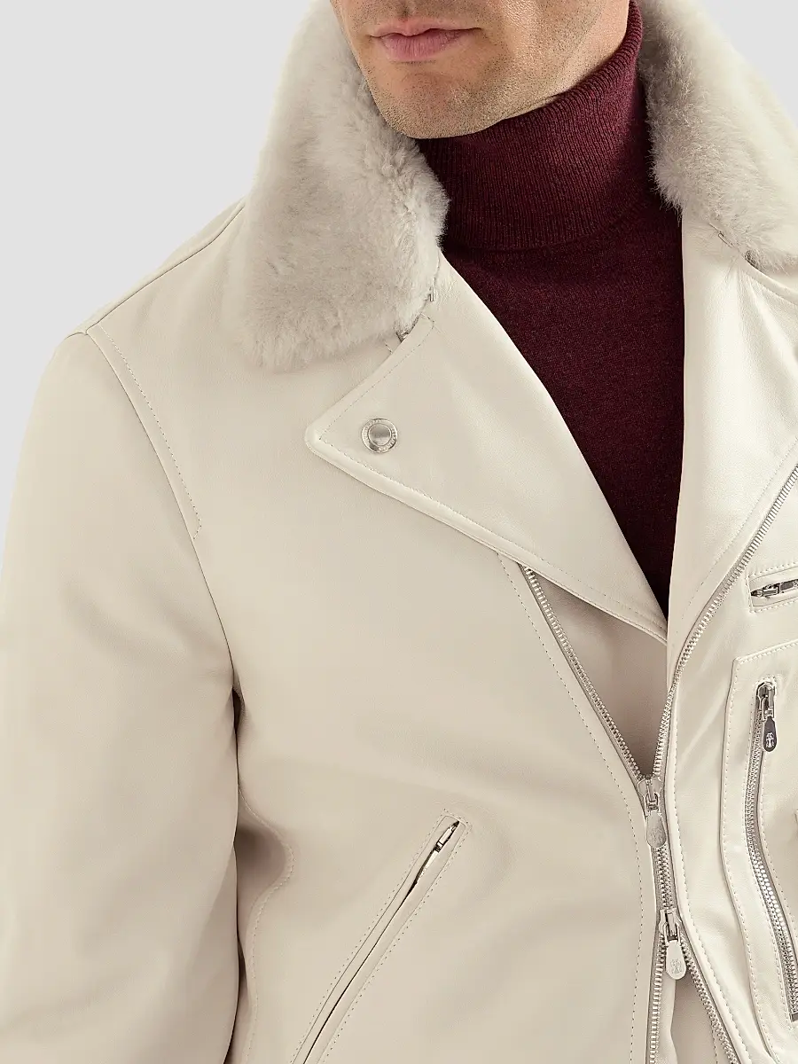 Brunello Cucinelli Men's Nappa Leather Biker Jacket with Thermore Padding and Detachable Shearling Collar | Thumbnail 4 Brunello Cucinelli Men's Nappa Leather Biker Jacket with Thermore Padding and Detachable Shearling Collar | Thumbnail 4