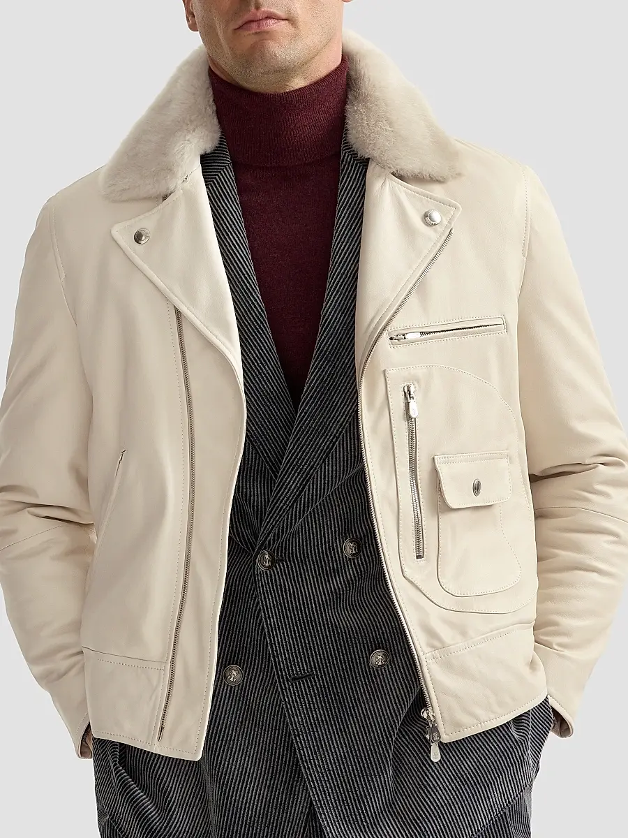 Brunello Cucinelli Men's Nappa Leather Biker Jacket with Thermore Padding and Detachable Shearling Collar | Thumbnail 5 Brunello Cucinelli Men's Nappa Leather Biker Jacket with Thermore Padding and Detachable Shearling Collar | Thumbnail 5