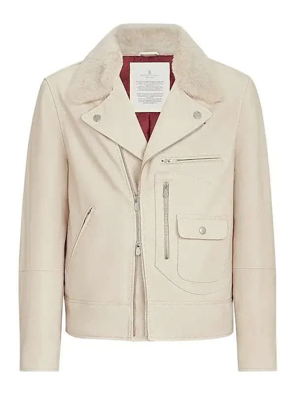 Brunello Cucinelli Men's Nappa Leather Biker Jacket with Thermore Padding and Detachable Shearling Collar