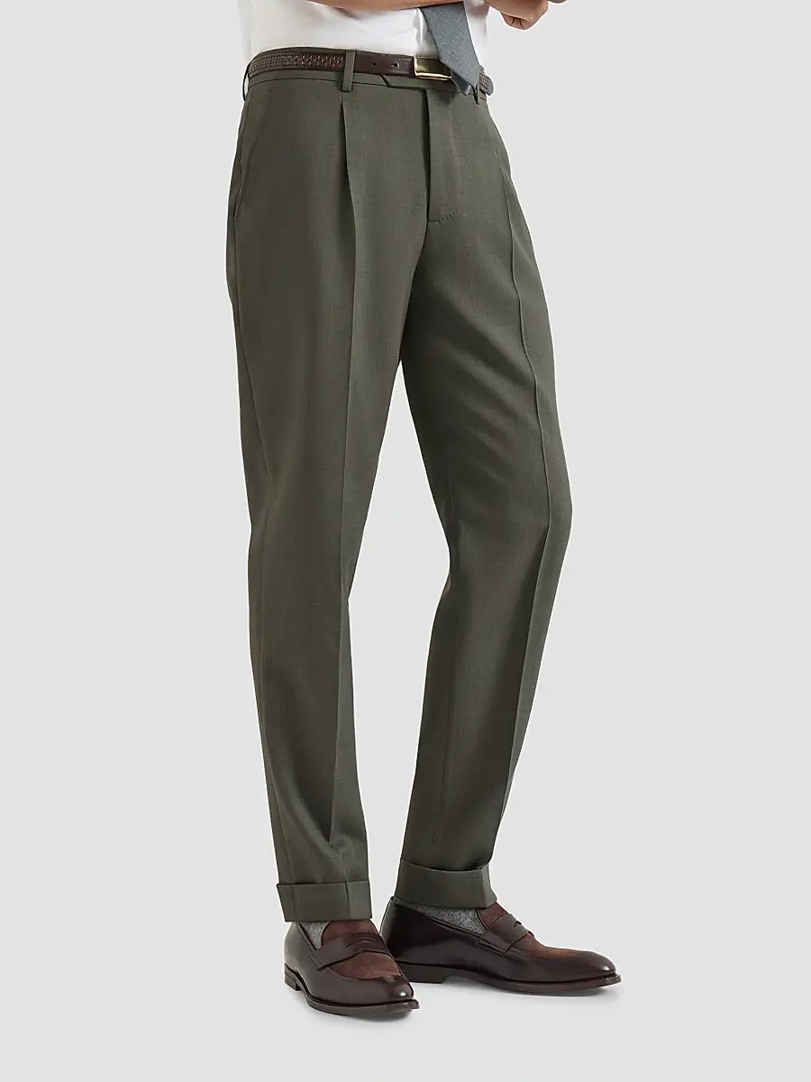 Brunello Cucinelli Men's Virgin Wool Canvas Trousers with Pleats - Forest | Thumbnail 5 Brunello Cucinelli Men's Virgin Wool Canvas Trousers with Pleats - Forest | Thumbnail 5