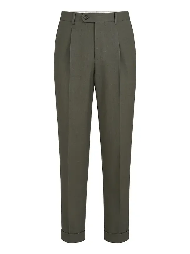 Men's Virgin Wool Canvas Trousers with Pleats - Forest Men's Virgin Wool Canvas Trousers with Pleats - Forest