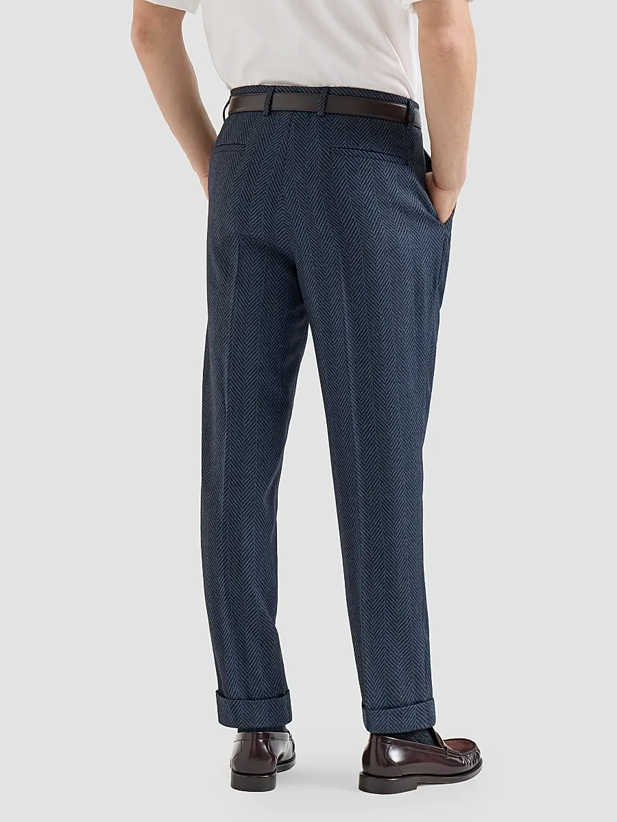 Brunello Cucinelli Men's Cashmere and Silk Chevron Flannel Trousers with Pleat - Navy Blue | Thumbnail 3 Brunello Cucinelli Men's Cashmere and Silk Chevron Flannel Trousers with Pleat - Navy Blue | Thumbnail 3