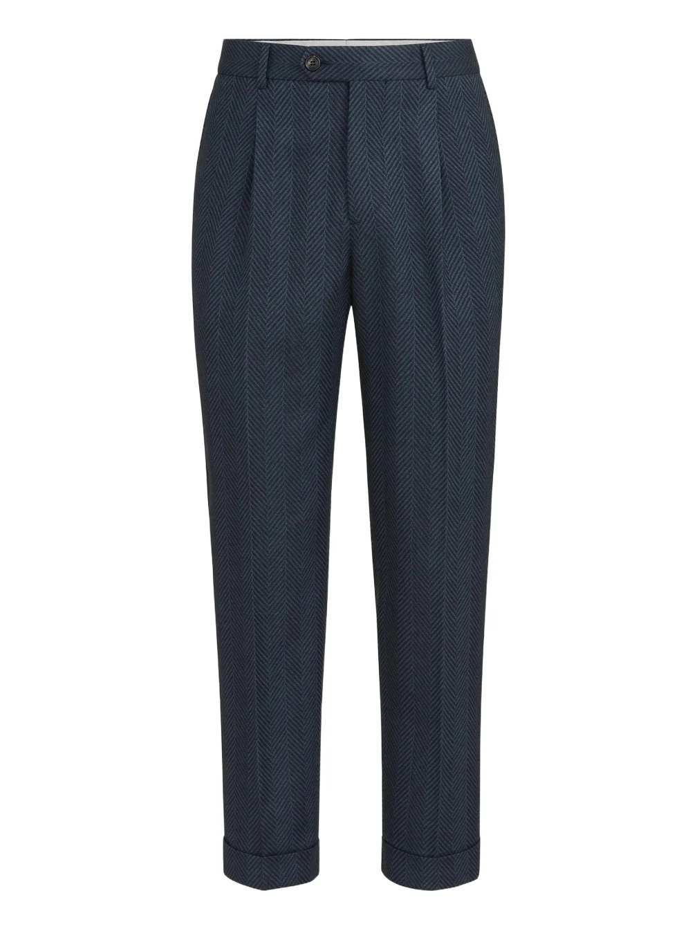 Men's Cashmere and Silk Chevron Flannel Trousers with Pleat - Navy Blue