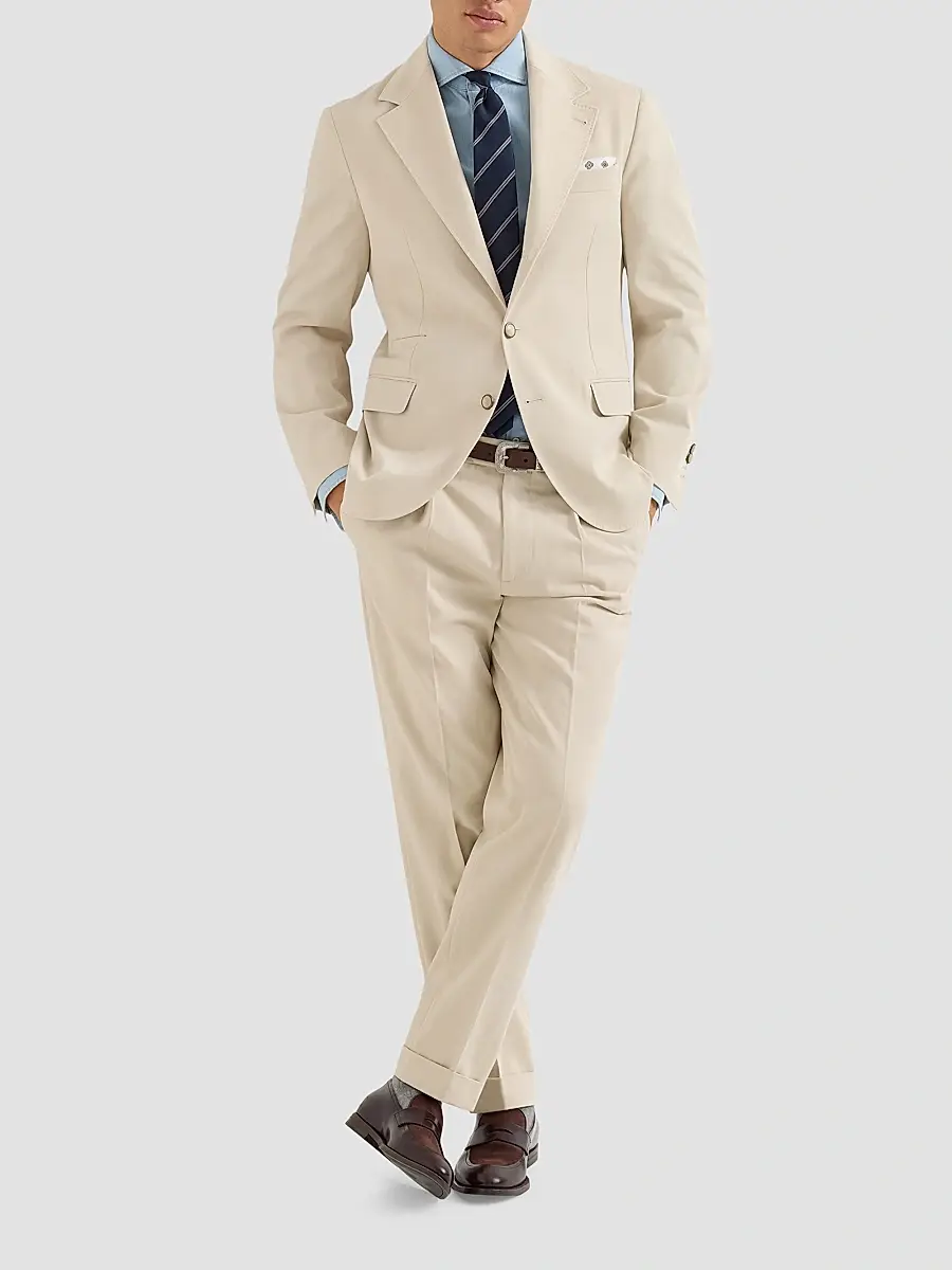 Brunello Cucinelli Men's Cotton and Virgin Wool Gabardine Trousers with Pleats - Ivory | Thumbnail 2 Brunello Cucinelli Men's Cotton and Virgin Wool Gabardine Trousers with Pleats - Ivory | Thumbnail 2