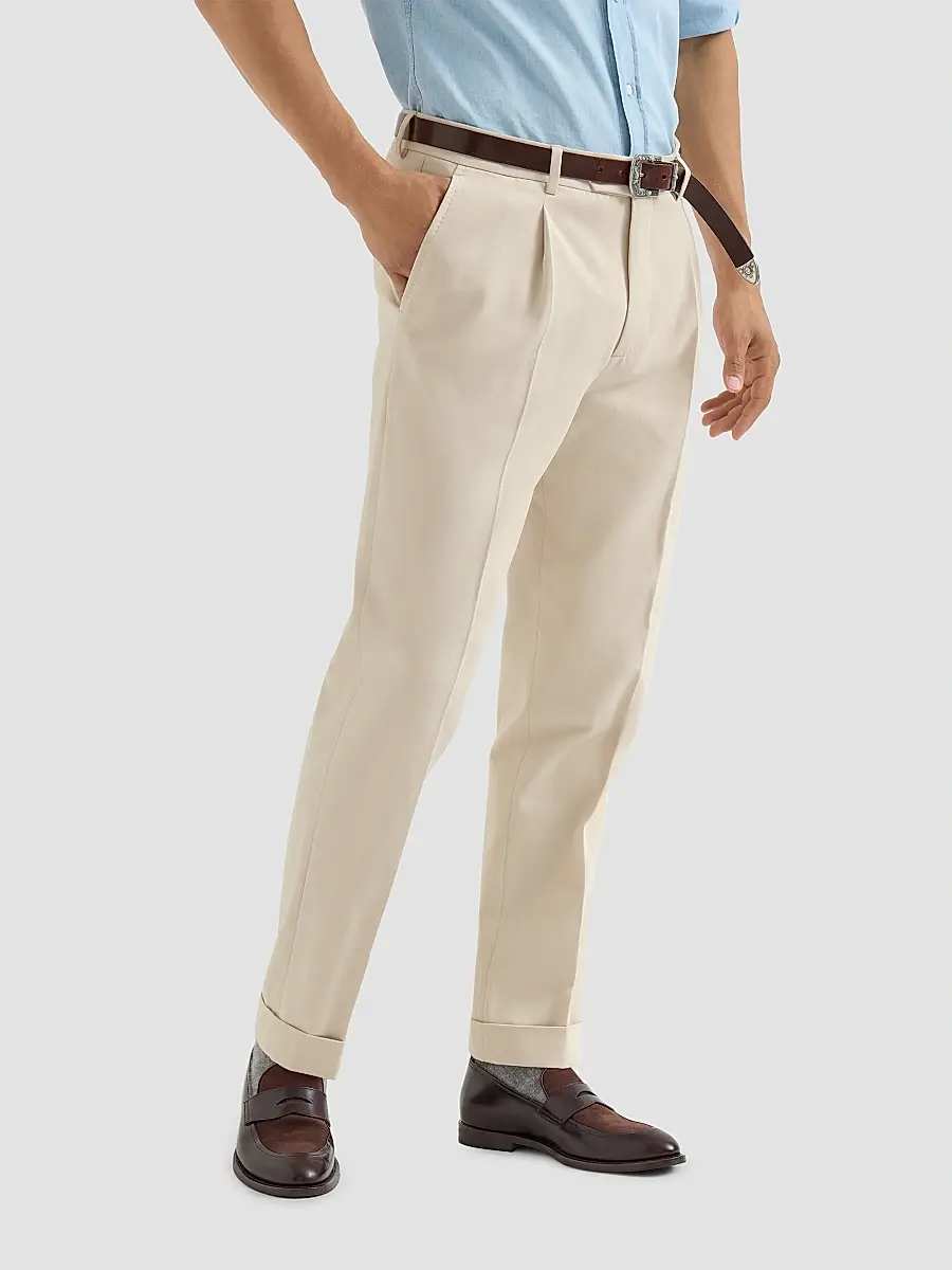 Brunello Cucinelli Men's Cotton and Virgin Wool Gabardine Trousers with Pleats - Ivory | Thumbnail 3 Brunello Cucinelli Men's Cotton and Virgin Wool Gabardine Trousers with Pleats - Ivory | Thumbnail 3