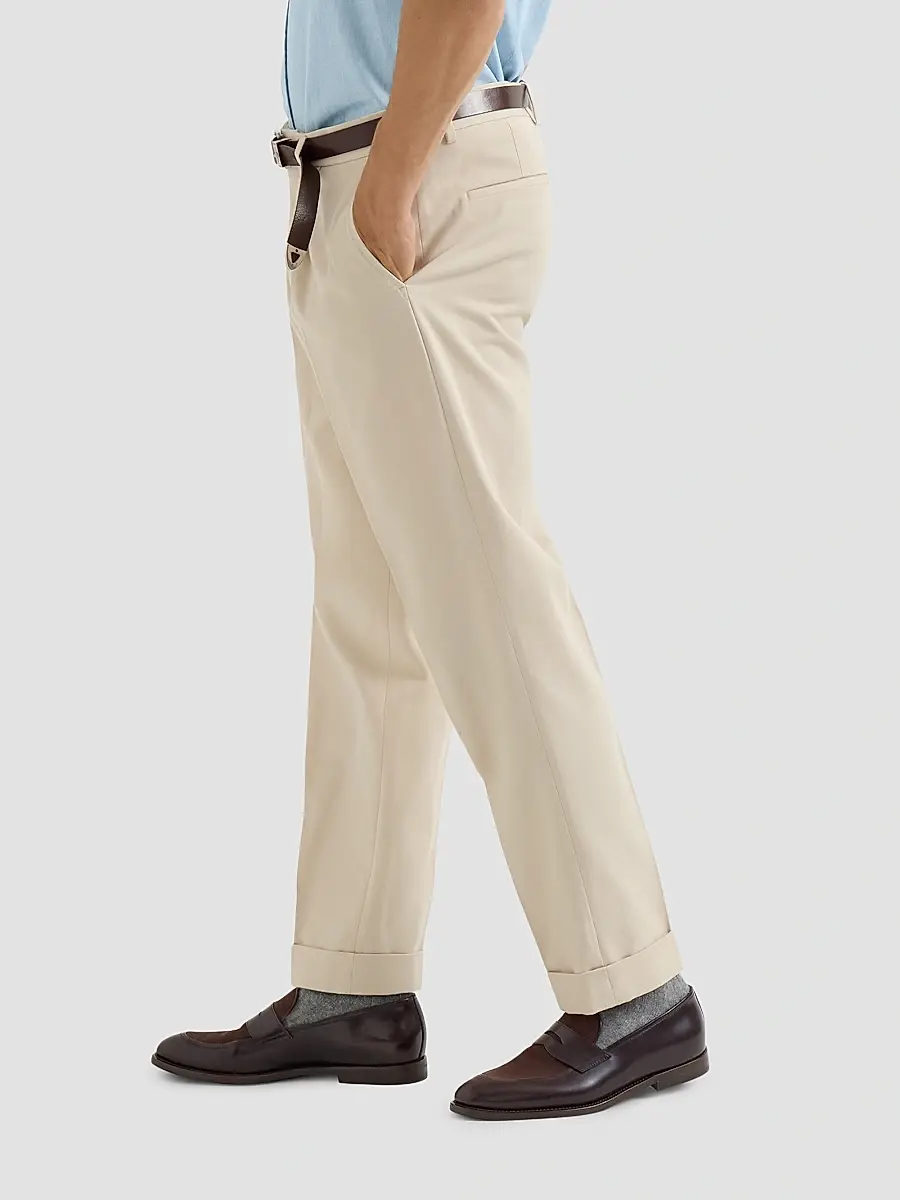 Brunello Cucinelli Men's Cotton and Virgin Wool Gabardine Trousers with Pleats - Ivory | Thumbnail 4 Brunello Cucinelli Men's Cotton and Virgin Wool Gabardine Trousers with Pleats - Ivory | Thumbnail 4