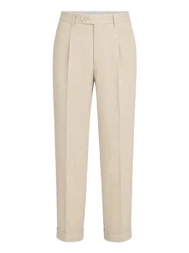 Men's Cotton and Virgin Wool Gabardine Trousers with Pleats - Ivory Men's Cotton and Virgin Wool Gabardine Trousers with Pleats - Ivory