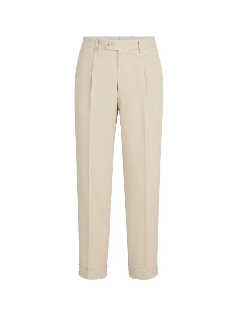 Men's Cotton and Virgin Wool Gabardine Trousers with Pleats - Ivory Men's Cotton and Virgin Wool Gabardine Trousers with Pleats - Ivory