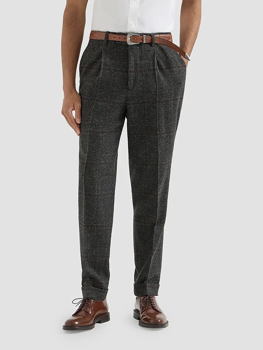Brunello Cucinelli Men's Silk, Wool and Cashmere Prince of Wales Flannel Trousers | Thumbnail 3 Brunello Cucinelli Men's Silk, Wool and Cashmere Prince of Wales Flannel Trousers | Thumbnail 3