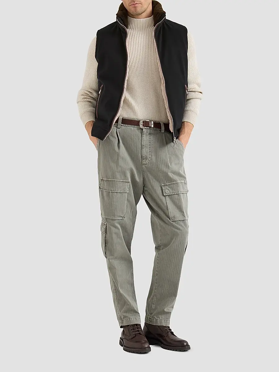 Brunello Cucinelli Men's Bonded Wool Flannel Hooded Down Vest with Detachable Shearling Insert | Thumbnail 2