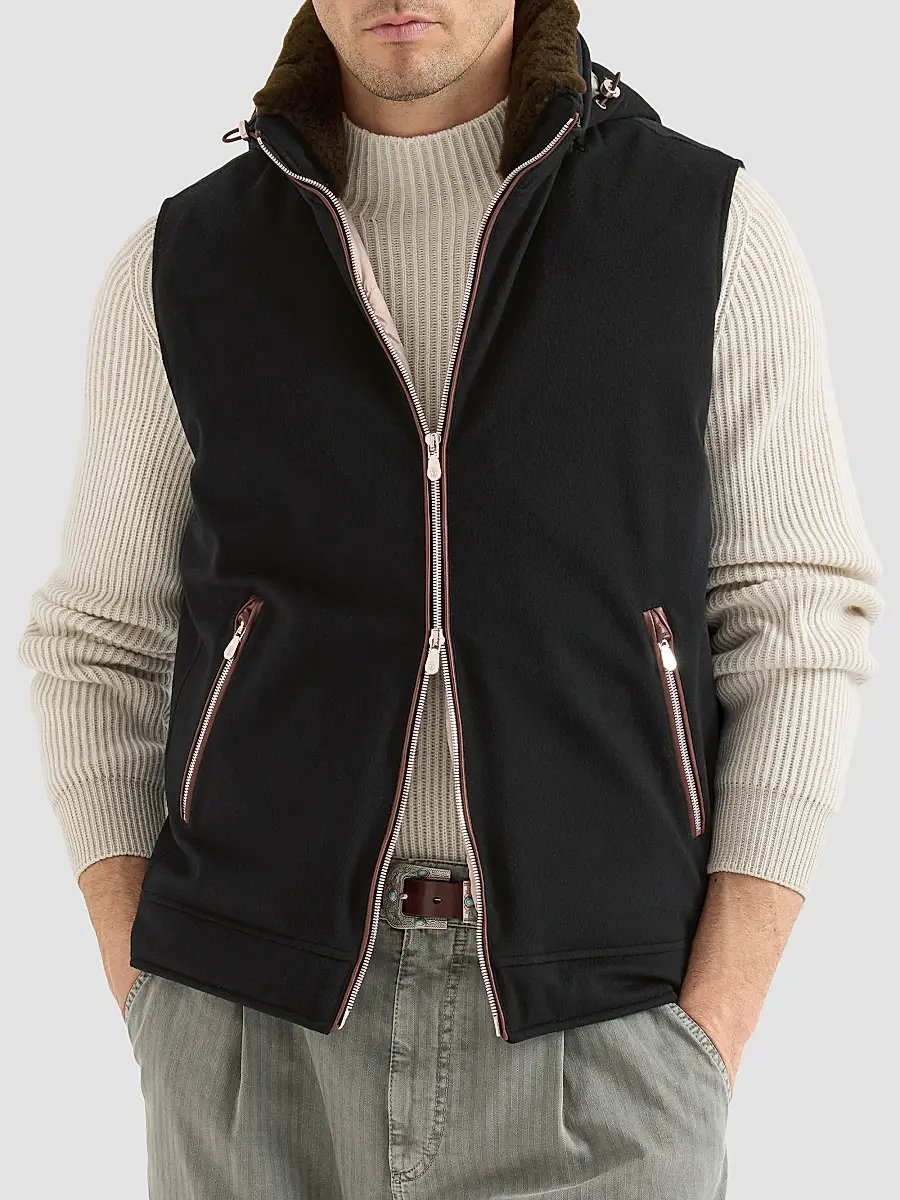Brunello Cucinelli Men's Bonded Wool Flannel Hooded Down Vest with Detachable Shearling Insert | Thumbnail 3