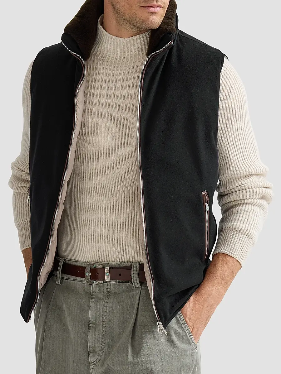 Brunello Cucinelli Men's Bonded Wool Flannel Hooded Down Vest with Detachable Shearling Insert | Thumbnail 5