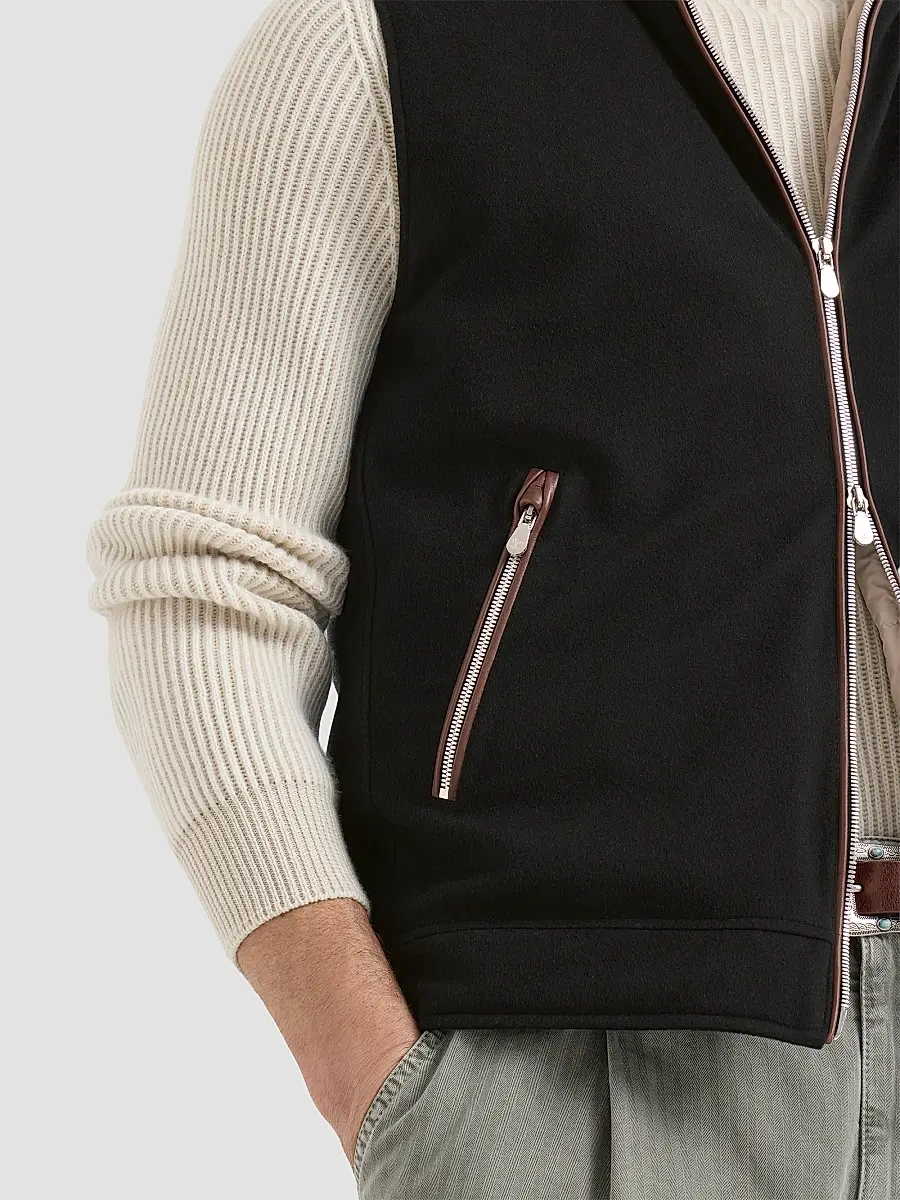 Brunello Cucinelli Men's Bonded Wool Flannel Hooded Down Vest with Detachable Shearling Insert | Thumbnail 6