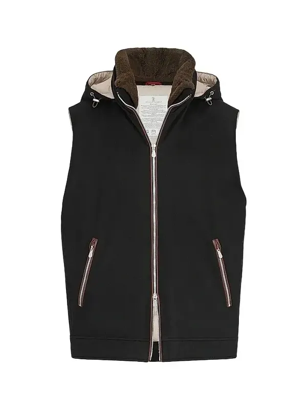 Brunello Cucinelli Men's Bonded Wool Flannel Hooded Down Vest with Detachable Shearling Insert
