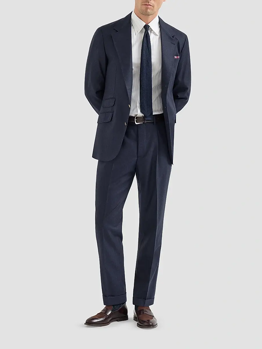 Brunello Cucinelli Men's Virgin Wool Flannel Trousers with Pleats - Blue | Thumbnail 2 Brunello Cucinelli Men's Virgin Wool Flannel Trousers with Pleats - Blue | Thumbnail 2