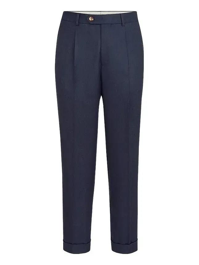 Men's Virgin Wool Flannel Trousers with Pleats - Blue Men's Virgin Wool Flannel Trousers with Pleats - Blue