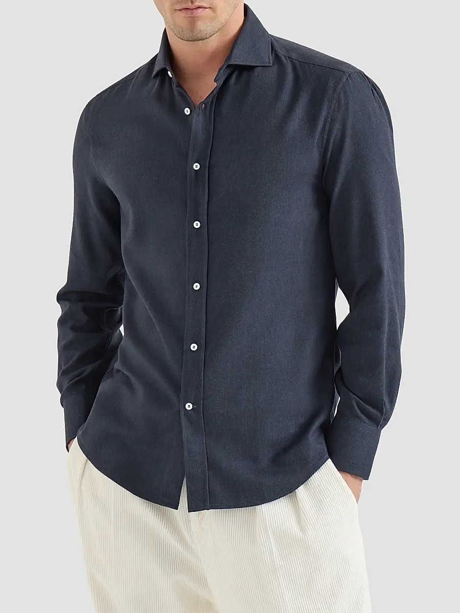 Brunello Cucinelli Men's Stretch Cotton Chevron Flannel Shirt with Spread Collar - Navy Blue | Thumbnail 2 Brunello Cucinelli Men's Stretch Cotton Chevron Flannel Shirt with Spread Collar - Navy Blue | Thumbnail 2