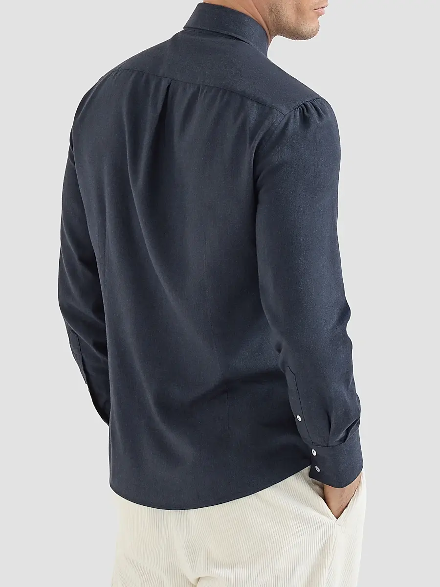 Brunello Cucinelli Men's Stretch Cotton Chevron Flannel Shirt with Spread Collar - Navy Blue | Thumbnail 3 Brunello Cucinelli Men's Stretch Cotton Chevron Flannel Shirt with Spread Collar - Navy Blue | Thumbnail 3