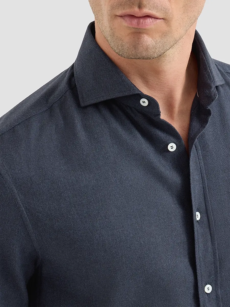 Brunello Cucinelli Men's Stretch Cotton Chevron Flannel Shirt with Spread Collar - Navy Blue | Thumbnail 5 Brunello Cucinelli Men's Stretch Cotton Chevron Flannel Shirt with Spread Collar - Navy Blue | Thumbnail 5