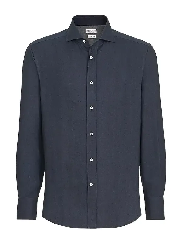 Men's Stretch Cotton Chevron Flannel Shirt with Spread Collar - Navy Blue Men's Stretch Cotton Chevron Flannel Shirt with Spread Collar - Navy Blue