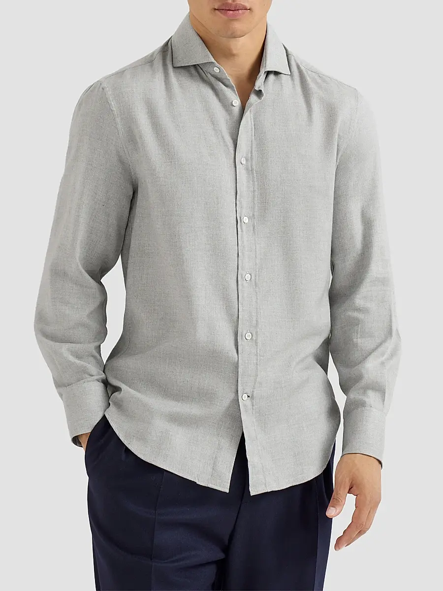 Brunello Cucinelli Men's Stretch Cotton Chevron Flannel Shirt with Spread Collar - Grey | Thumbnail 2 Brunello Cucinelli Men's Stretch Cotton Chevron Flannel Shirt with Spread Collar - Grey | Thumbnail 2