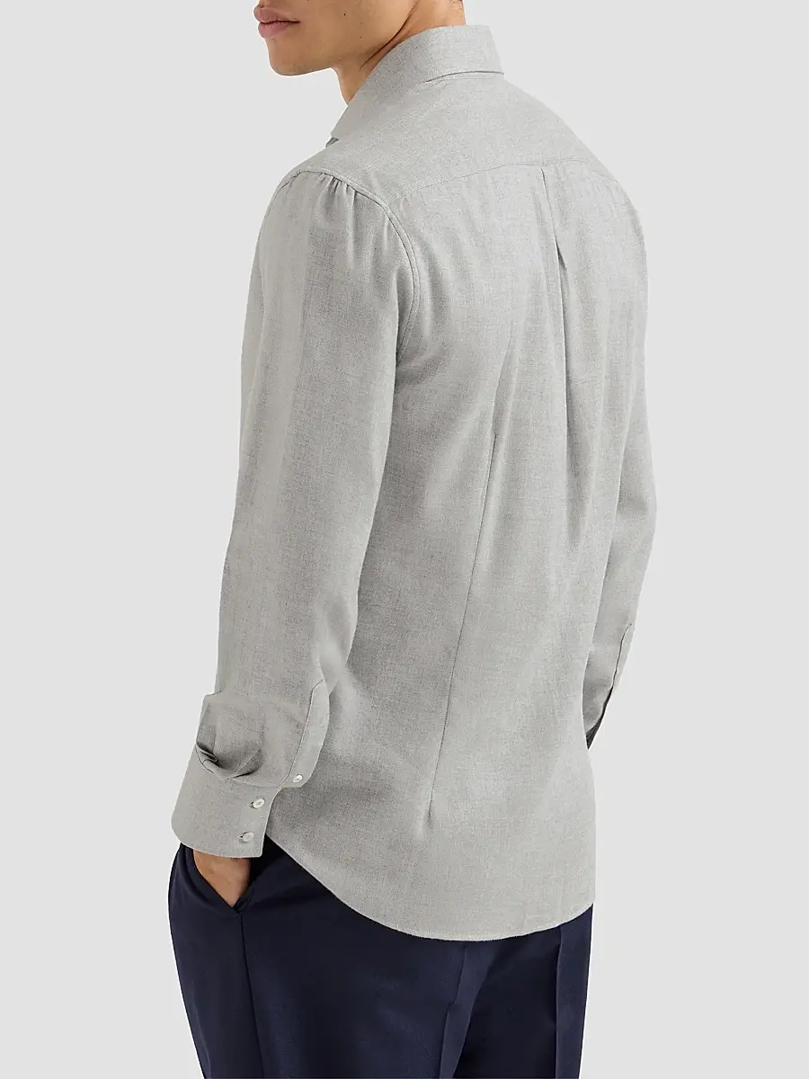 Brunello Cucinelli Men's Stretch Cotton Chevron Flannel Shirt with Spread Collar - Grey | Thumbnail 3 Brunello Cucinelli Men's Stretch Cotton Chevron Flannel Shirt with Spread Collar - Grey | Thumbnail 3