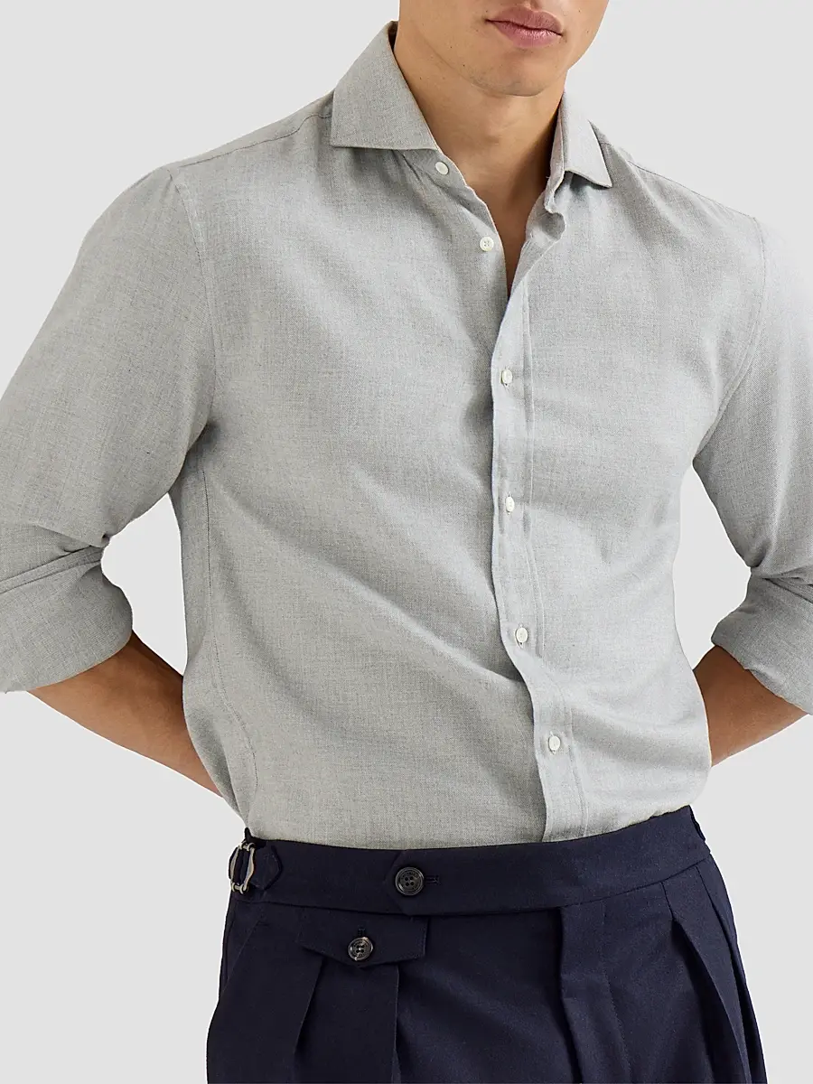 Brunello Cucinelli Men's Stretch Cotton Chevron Flannel Shirt with Spread Collar - Grey | Thumbnail 4 Brunello Cucinelli Men's Stretch Cotton Chevron Flannel Shirt with Spread Collar - Grey | Thumbnail 4