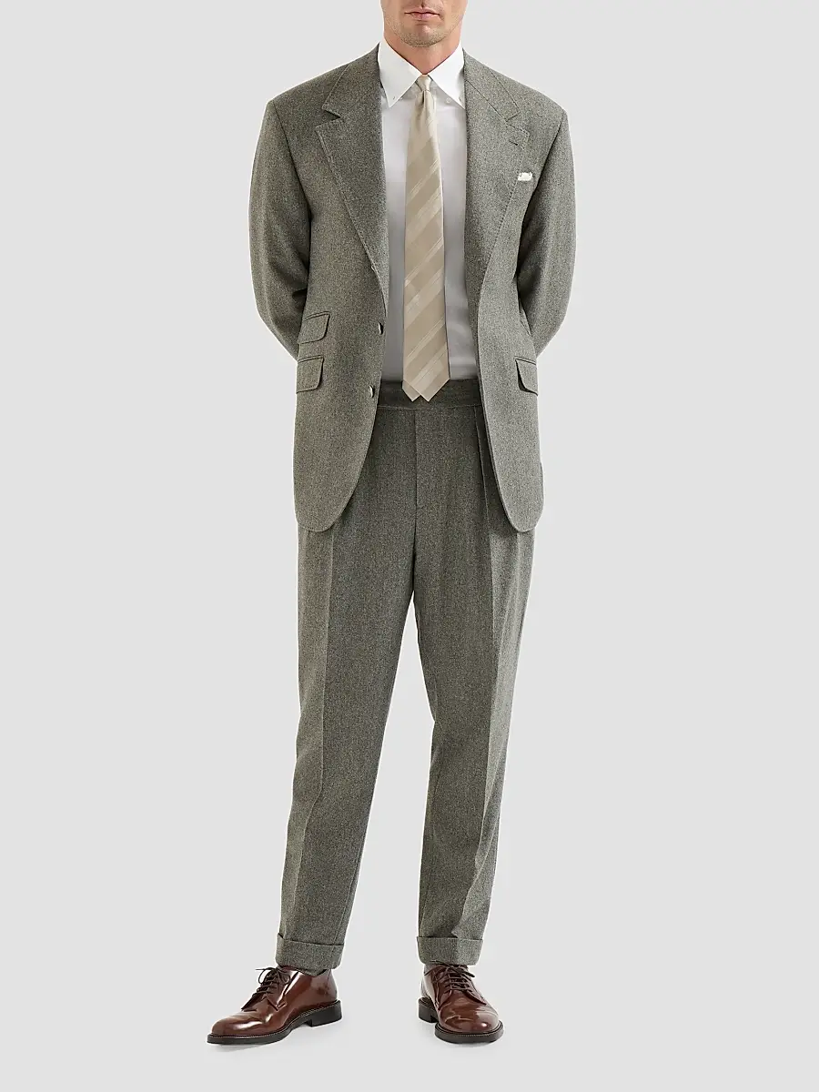 Brunello Cucinelli Men's Virgin Wool Flannel Trousers with Double Pleats - Military | Thumbnail 2 Brunello Cucinelli Men's Virgin Wool Flannel Trousers with Double Pleats - Military | Thumbnail 2