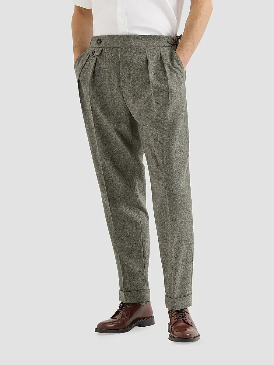 Brunello Cucinelli Men's Virgin Wool Flannel Trousers with Double Pleats - Military | Thumbnail 3 Brunello Cucinelli Men's Virgin Wool Flannel Trousers with Double Pleats - Military | Thumbnail 3