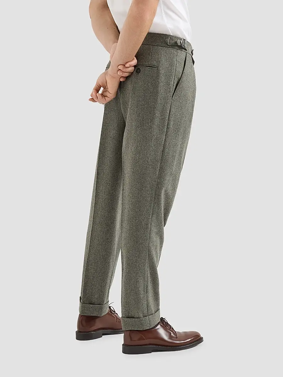 Brunello Cucinelli Men's Virgin Wool Flannel Trousers with Double Pleats - Military | Thumbnail 4 Brunello Cucinelli Men's Virgin Wool Flannel Trousers with Double Pleats - Military | Thumbnail 4