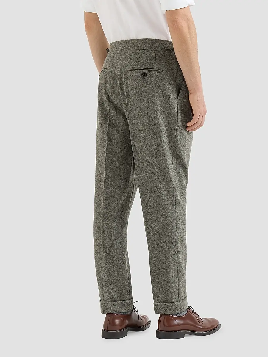 Brunello Cucinelli Men's Virgin Wool Flannel Trousers with Double Pleats - Military | Thumbnail 5 Brunello Cucinelli Men's Virgin Wool Flannel Trousers with Double Pleats - Military | Thumbnail 5