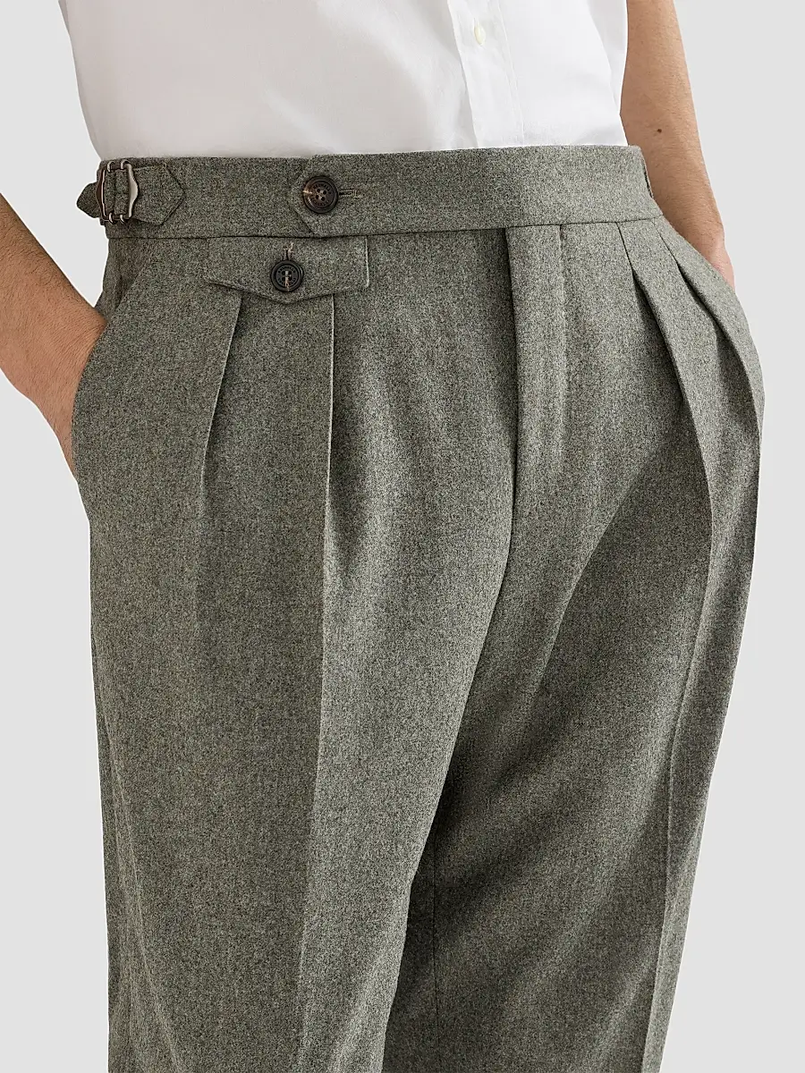 Brunello Cucinelli Men's Virgin Wool Flannel Trousers with Double Pleats - Military | Thumbnail 6 Brunello Cucinelli Men's Virgin Wool Flannel Trousers with Double Pleats - Military | Thumbnail 6