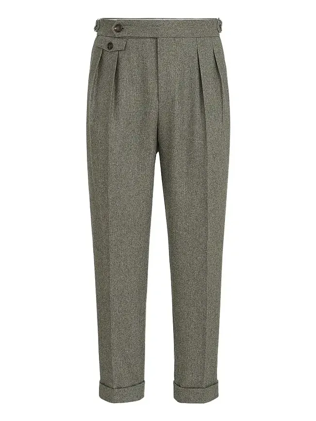 Men's Virgin Wool Flannel Trousers with Double Pleats - Military Men's Virgin Wool Flannel Trousers with Double Pleats - Military