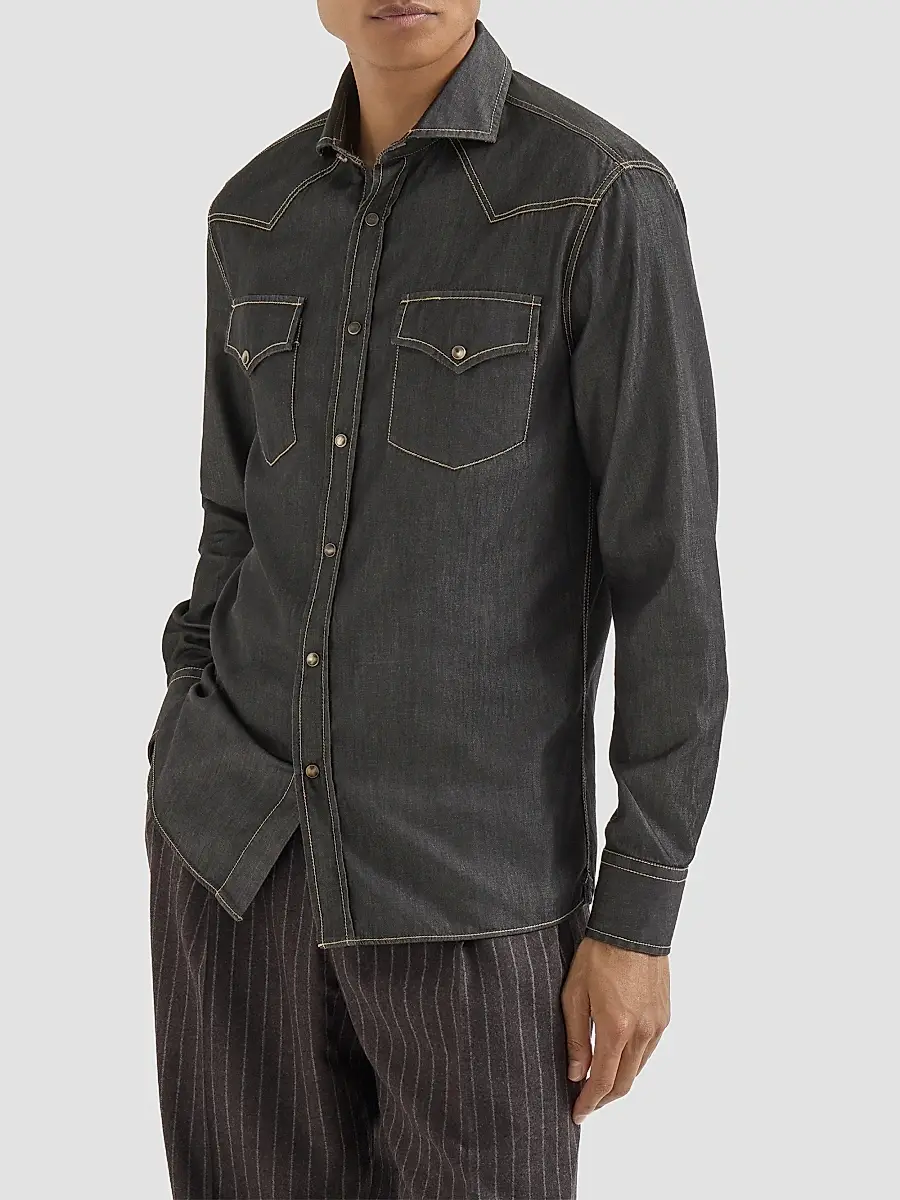 Brunello Cucinelli Men's Lightweight Denim Western Shirt | Thumbnail 3 Brunello Cucinelli Men's Lightweight Denim Western Shirt | Thumbnail 3