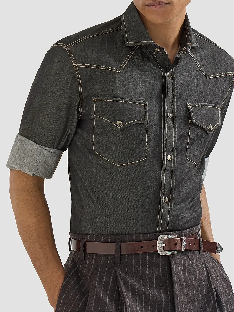 Brunello Cucinelli Men's Lightweight Denim Western Shirt | Thumbnail 5 Brunello Cucinelli Men's Lightweight Denim Western Shirt | Thumbnail 5