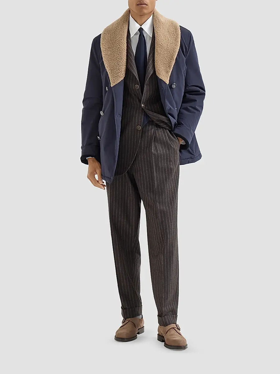 Brunello Cucinelli Men's Virgin Wool and Cashmere Chalk Stripe Trousers with Double Pleats - Brown | Thumbnail 2