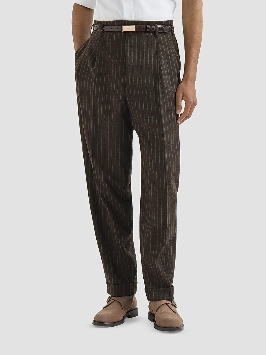 Brunello Cucinelli Men's Virgin Wool and Cashmere Chalk Stripe Trousers with Double Pleats - Brown | Thumbnail 3