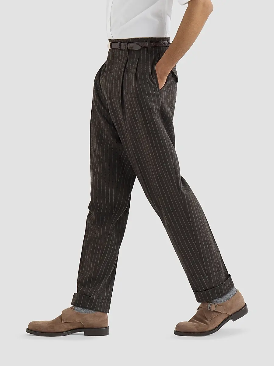 Brunello Cucinelli Men's Virgin Wool and Cashmere Chalk Stripe Trousers with Double Pleats - Brown | Thumbnail 4