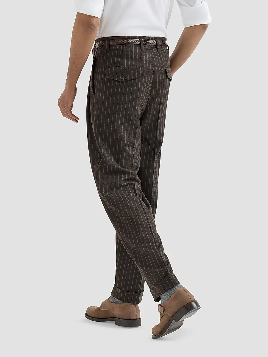 Brunello Cucinelli Men's Virgin Wool and Cashmere Chalk Stripe Trousers with Double Pleats - Brown | Thumbnail 5