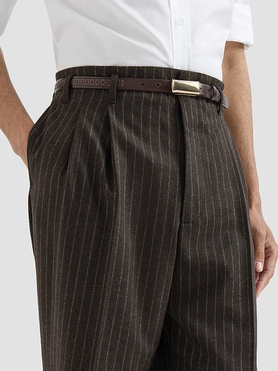 Brunello Cucinelli Men's Virgin Wool and Cashmere Chalk Stripe Trousers with Double Pleats - Brown | Thumbnail 6