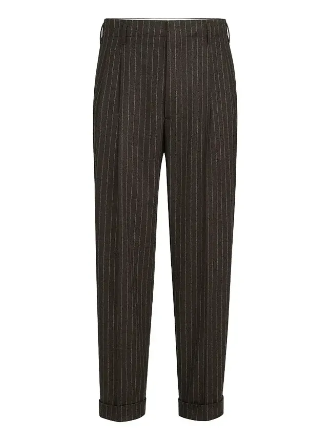 Men's Virgin Wool and Cashmere Chalk Stripe Trousers with Double Pleats - Brown Men's Virgin Wool and Cashmere Chalk Stripe Trousers with Double Pleats - Brown