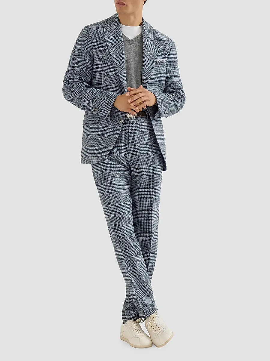 Brunello Cucinelli Men's Comfort Wool and Cashmere Prince of Wales Flannel Trousers | Thumbnail 2