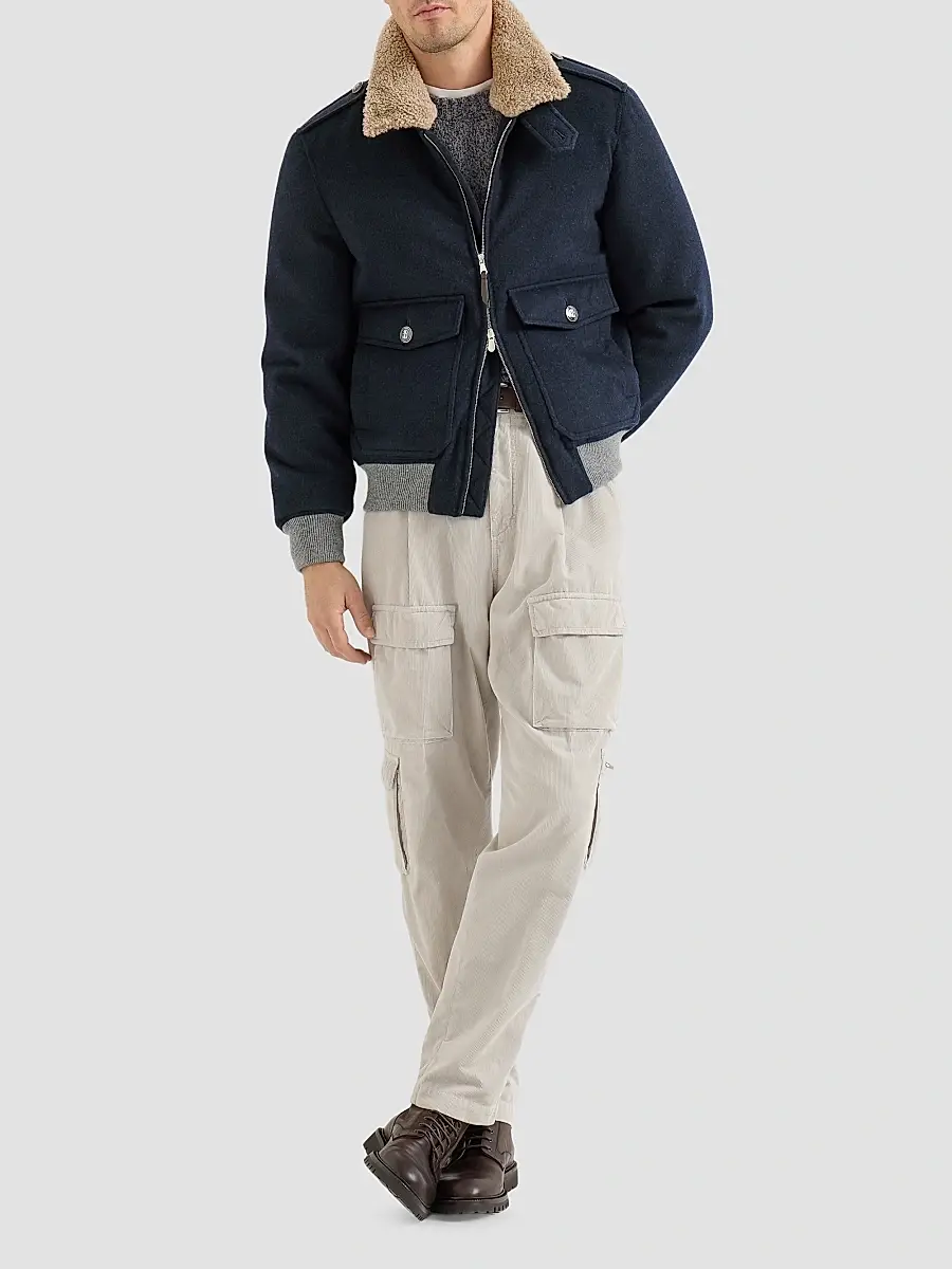 Brunello Cucinelli Men's Bonded Cashmere Beaver Cloth Bomber Jacket | Thumbnail 2 Brunello Cucinelli Men's Bonded Cashmere Beaver Cloth Bomber Jacket | Thumbnail 2